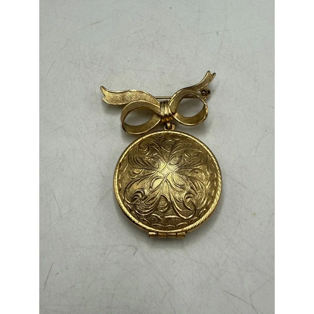Vintage Gold Tone Bow Locket Brooch Embossed Floral Round Pendant Pin